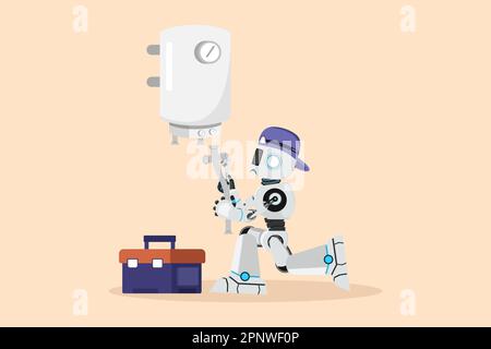 Business flat disegno stile cartone animato robot idraulico installazione scaldabagno o caldaia. Riparazione domestica, manutenzione servizi idraulici. Robot artificiale in Foto Stock