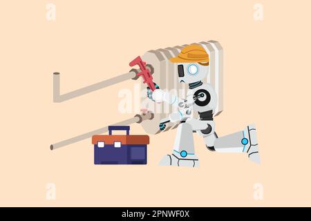 Business flat cartone animato stile disegno robot idraulico riparare o installare le batterie. Tubi di fissaggio del riparatore nel radiatore della batteria del riscaldatore. Robot artificiale i Foto Stock