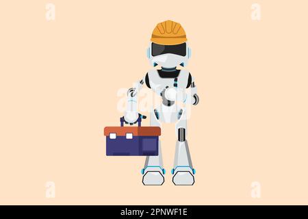 Business piano cartone animato disegno robot idraulico in piedi e tenere la scatola degli utensili. Servizi di decorazione domestica. Intelligenza artificiale robotica. Tecnolog Foto Stock