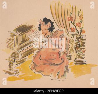 LA REPUBBLICA CECOSLOVACCA - CIRCA 1944: Disegno vintage di Martin Neuzil. Una ragazza che suona il piano. Foto Stock