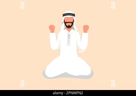 Business design disegno felice uomo d'affari arabo inginocchiarsi con il gesto del sì. Manager festeggia il successo dell'aumento dei risultati aziendali, degli obiettivi, delle sa Foto Stock