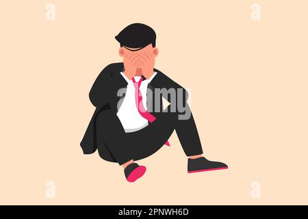 Business flat stile cartone animato disegno triste depresso uomo d'affari coprire il suo volto da mani e seduti sul pavimento. Disturbi della depressione, dolore, disappoina Foto Stock