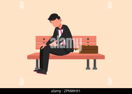 Business design disegno triste depresso uomo d'affari seduto al parco panca da solo. L'uomo che soffre di depressione, sperimenta il licenziamento, la vita difficile si Foto Stock