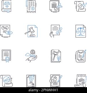 Raccolta di icone della linea di arbitraggio. Risoluzione, mediazione, negoziazione, disputa, risoluzione, Audizioni, vettore di Adjudication e illustrazione lineare Illustrazione Vettoriale