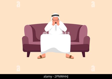 Business flat disegno triste e depresso uomo d'affari arabo seduto sul divano e tenendo la testa. Uomo solitario seduto sul divano. Errore e perdita del lavoro Foto Stock