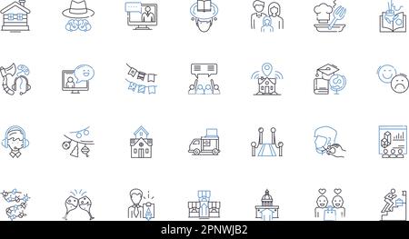 Collezione icone linea stile di vita suburbano. Comunità, vicini, giardinaggio, pendolarismo, traffico, Praticità, vettoriale Parchi e illustrazione lineare Illustrazione Vettoriale