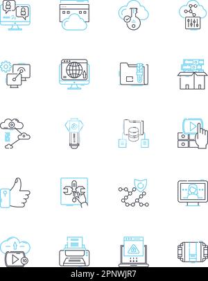 Icone lineari del touch screen impostate. Interattività, sensibilità, gesti, navigazione, pizzicamento, Zoom, vettore di linea di scorrimento e segnali concettuali. Toccare,Input,Output Illustrazione Vettoriale