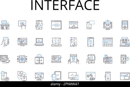 Raccolta di icone della linea di interfaccia. Punto di connessione, area di interazione, luogo di incontro, sistema di punti di contatto, piattaforma di collegamento, Giunzione di comunicazione Illustrazione Vettoriale