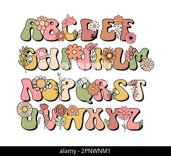 Boho groovy caratteri alfabetici floreali. Illustrazione Vettoriale