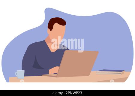 Un uomo è seduto al computer portatile. Concetto di formazione in linea, concetto di affari. Background per il sito, poster, brochure. Immagine vettoriale. Illustrazione Vettoriale