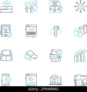 Set di icone lineari di analisi della concorrenza. Concorrenza, rivali, confronto, benchmarking, prestazioni, Quota di mercato, linee vettoriali SWOT e segnali concettuali Illustrazione Vettoriale