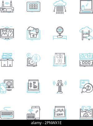 Set di icone lineari per scienze informatiche. Algoritmo, dati, grafica, codice, memoria, Crittografia, vettore di linea dell'architettura e segnali concettuali. Database,Software Illustrazione Vettoriale