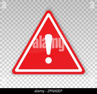 Icona di avviso. Avvertenza di attenzione in triangolo rosso. Punto esclamativo bianco isolato su sfondo trasparente. Simbolo di sicurezza. Fare attenzione al cartello. Pericolo importante Illustrazione Vettoriale