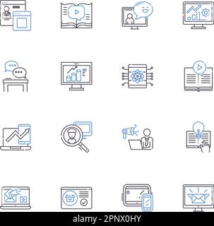 Collezione di icone delle classi virtuali. Interattività, coinvolgimento, collaborazione, accessibilità, adattabilità, Connettività, vettore convenienza e. Illustrazione Vettoriale