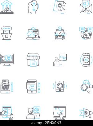 Set di icone lineari del comportamento del consumatore. Influenza, percezione, preferenza, atteggiamento, motivazione, Decision-making, vettore di linea di lealtà e segnali di concetto Illustrazione Vettoriale
