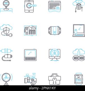 Icone lineari delle parti del computer. Scheda madre, processore, scheda grafica, RAM, disco rigido, SSD, vettore di linea di alimentazione e segnali concettuali. Ventole, raffreddamento Illustrazione Vettoriale