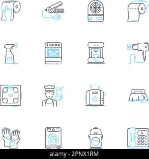 Set di icone lineari per la progettazione di tabelle. Minimalista, moderno, Contemporaneo, rustico, industriale, Scandinavo, vettore di linea di metà secolo e segnali concettuali. Astratto Illustrazione Vettoriale