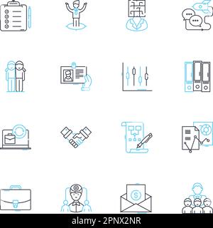 Set di icone lineari per compiti amministrativi. Gestione, Organizzazione, documentazione, coordinamento, programmazione, Comunicazione, vettore di linea di prioritizzazione e. Illustrazione Vettoriale