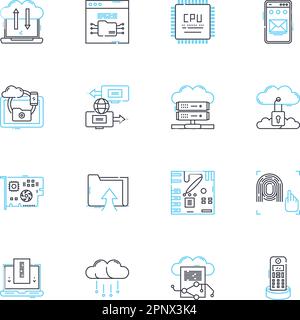 Icone lineari dei dispositivi impostate. Smartph, notebook, tablet, desktop, smartwatch, Stampante, vettore di linea della fotocamera e segnali concettuali. Proiettore, tastiera, mouse Illustrazione Vettoriale