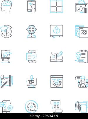 Set di icone lineari del software grafico. Progettazione, Illustrazione, vettore, rendering, Photoshop, Editing, vettore di linee di animazione e segnali concettuali. Tipografia Illustrazione Vettoriale