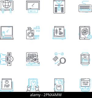 Set di icone lineari per scienze informatiche. Algoritmo, dati, grafica, codice, memoria, Crittografia, vettore di linea dell'architettura e segnali concettuali. Database,Software Illustrazione Vettoriale