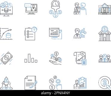 Raccolta di icone della linea Sales Analytics. Metriche, tendenze, previsione, conversione, obiettivi, Pipeline, vettore a imbuto e illustrazione lineare. KPI Illustrazione Vettoriale