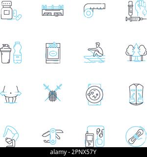 Set di icone lineari per la salute e l'armonia. Benessere, equilibrio, serenità, vitalità, serenità, Allineamento, vettore di linea di correzione e segnali concettuali. Gioia, Rinnovamento Illustrazione Vettoriale