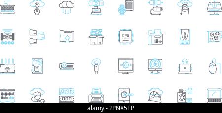 Icone lineari dei dispositivi impostate. Smartph, notebook, tablet, desktop, smartwatch, Stampante, vettore di linea della fotocamera e segnali concettuali. Proiettore, tastiera, mouse Illustrazione Vettoriale