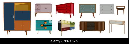 Set di mobili retrò. Credenza, armadi, cassettiera, comodino. Collezione di elementi di design d'interni moderni della metà del secolo. Illustrazione del vettore piatto Illustrazione Vettoriale