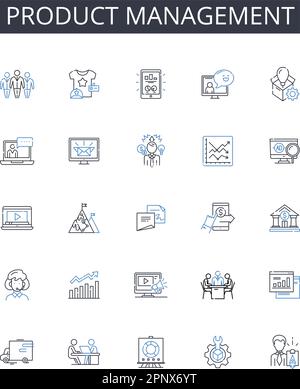 Raccolta di icone della linea di gestione del prodotto. Sviluppo aziendale, Gestione del marchio, strategia di marketing, operazioni di vendita, leadership del team, Progetto Illustrazione Vettoriale
