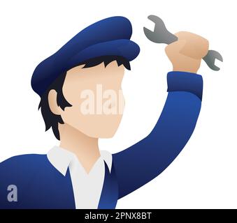 Uomo meccanico senza volto, capelli neri e berretto, abiti blu e pugno rialzato mentre si tiene una chiave. Design in stile sfumatura su sfondo bianco. Illustrazione Vettoriale