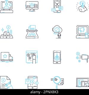 Set di icone lineari per l'espansione aziendale. Crescita, espansione, diversificazione, scalabilità, franchising, Innovazione, linee di localizzazione vettoriali e segnali concettuali Illustrazione Vettoriale