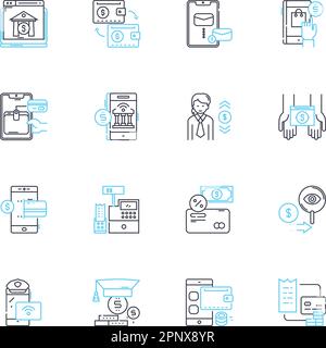 Set di icone lineari dei fondi. Investimenti, attività, titoli, liquidità, capitale, Ritorni, vettore di linea di reddito e segni di concetto. Portafogli, diversificazione Illustrazione Vettoriale