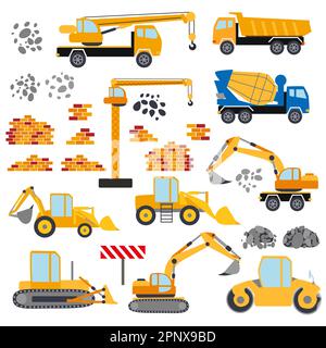 Set di attrezzature da costruzione. Macchine speciali per lavori di costruzione. Carrelli elevatori, betoniera, gru, escavatori, trattori, Bulldozers camion strada re Illustrazione Vettoriale