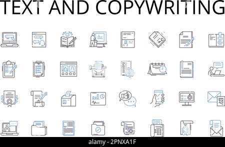 Testo e copywriting linea icone raccolta. Wordsmithing, scrittura, scripting, authoring, composizione, Penning, disegno vettoriale e illustrazione lineare Illustrazione Vettoriale