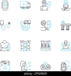 Set di icone lineari cliniche. Farmacista, benessere, Medicina, Diagnosi, trattamento, Assistenza sanitaria, vettore di linea di servizi e segnali concettuali. Medico,infermiere Illustrazione Vettoriale