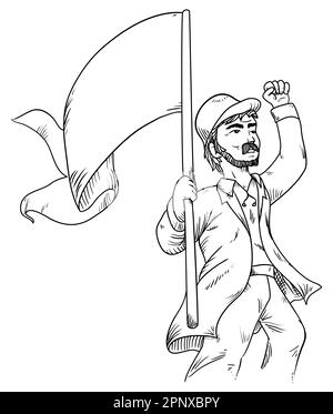 Uomo con gesto di protesta, pugno sollevato, barba, baffi, berretto, trincea e tenendo un palo con un panno bianco lungo. Design in stile disegnato a mano. Illustrazione Vettoriale