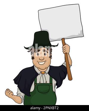 Felice e chubby contadino con mantello, tute, cappello, pugno e segno bianco. Modello in stile cartone animato. Illustrazione Vettoriale