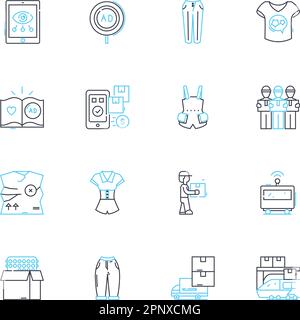 Set di icone lineari dei sistemi di distribuzione. Logistica, immagazzinaggio, trasporto, adempimento, catena di approvvigionamento, Inventario, vettore linea di spedizione e concetto Illustrazione Vettoriale
