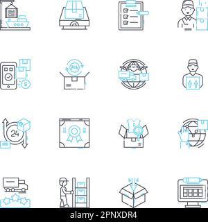 Set di icone lineari per soluzioni di spedizione. Logistica, vettore, trasporto, trasporto, magazzino, Consegna, vettore di linea doganale e segnali concettuali. Carico, pacchetto Illustrazione Vettoriale