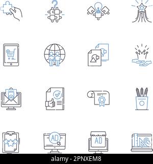 Ricerca di mercato concept line collezione di icone. Segmentazione, comportamento dei consumatori, analisi della concorrenza, dati demografici, tendenze, Percezione, Approfondimenti Illustrazione Vettoriale