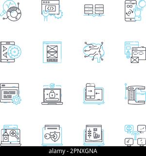 Set di icone lineari per l'elaborazione software. Algoritmo, API, applicazione, byte, compilatore, Database, vettore di linea di debug e segnali concettuali. Crittografia Illustrazione Vettoriale