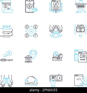 Set di icone lineari per il raggiungimento dei contenuti multimediali. Visibilità, connessione, esposizione, copertura, coinvolgimento, Influenza, vettore di linea di branding e segnali di concetto Illustrazione Vettoriale