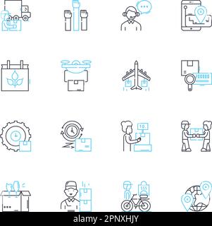 Set di icone lineari per la gestione della catena di fornitura. Logistica, approvvigionamento, trasporto, inventario, immagazzinaggio, Distribuzione, vettore linea fornitore e. Illustrazione Vettoriale