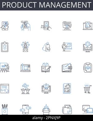 Raccolta di icone della linea di gestione del prodotto. Sviluppo aziendale, Gestione del marchio, strategia di marketing, operazioni di vendita, leadership del team, Progetto Illustrazione Vettoriale
