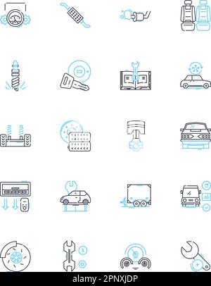 Set icone lineari per la manutenzione di automobili. Manutenzione, riparazioni, manutenzione, Cambio olio, freni, Pneumatici, linee di allineamento vettoriali e segnali concettuali Illustrazione Vettoriale