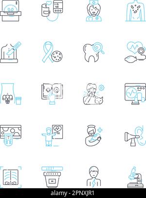 Set di icone lineari per istituti medici. ) Ospedale) Clinica) ambulanza) Chirurgia) maternità) Pediatria) terapia intensiva) emergenza) Trauma) Radiologia) Farmacia Illustrazione Vettoriale