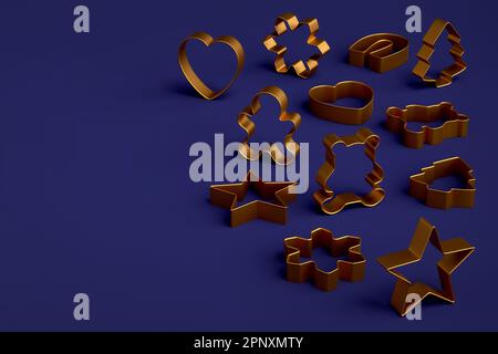 Set di taglierine in metallo per biscotti di Natale fatti in casa su sfondo blu Foto Stock