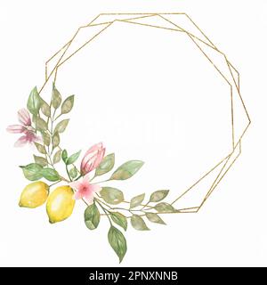 Corona rotonda disegnata a mano di limone acquerello con fiori e foglie. Wreath illustrazione acquerello di limone e foglie Foto Stock