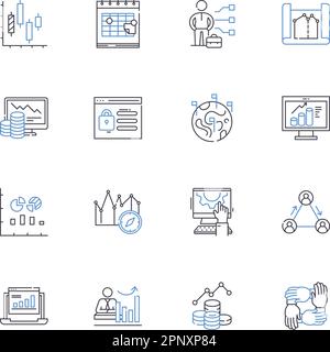 Raccolta delle icone delle linee di elaborazione dati. Analisi, algoritmi, automazione, binaria, big data, Clustering, vettore di codifica e illustrazione lineare Illustrazione Vettoriale